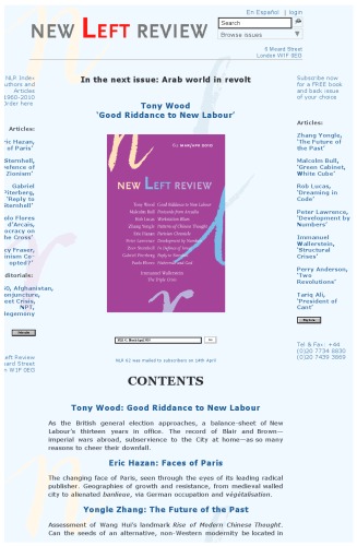 New Left Review 62 Marapr 2010 Editor Susan Watkins