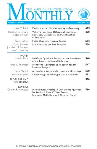 American Mathematical Monthly Volume 117 June July 2010 Daniel J Velleman