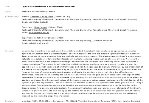 Lightmatter Interaction In Nanostructured Materials Kristensen