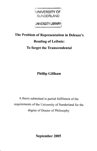 The Problem Of Representation In Deleuzes Reading Of Leibniz To Forget The Transcendental Phillip Gillham