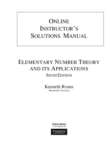 Instructors Solutions Manual For Elementary Number Theory And Its Applications 6th Ed Kenneth H Rosen