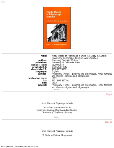 Hindu Places Of Pilgrimage In India A Study In Cultural Geography 1st Edition Surinder Mohan Bhardwaj