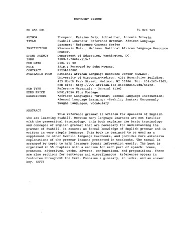 Swahili Learners Reference Grammar 1st Katrina Daly Thompson
