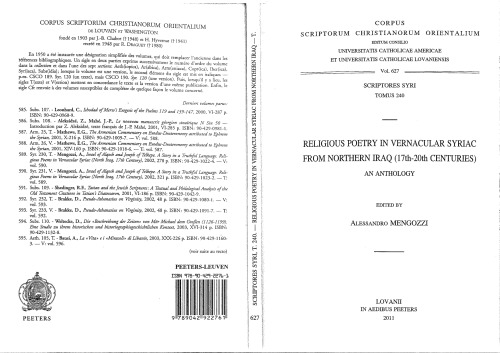 Religious Poetry In Vernacular Syriac From Northern Iraq 17th20th Centuries An Anthology A Mengozzi Ed