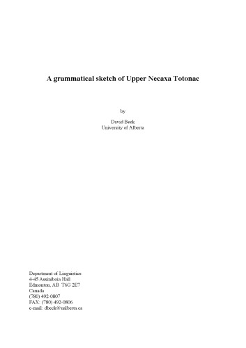 A Grammatical Sketch Of Upper Necaxa Totonac Beck David