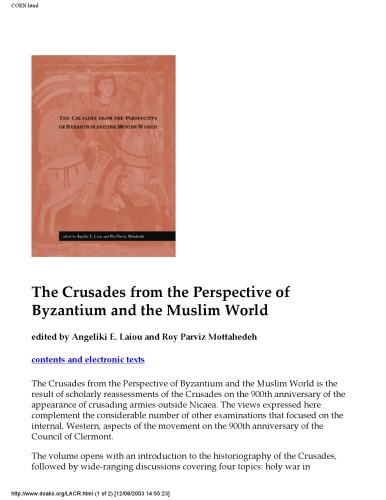 The Crusades From The Perspective Of Byzantium And The Muslim World Angeliki E Laiou