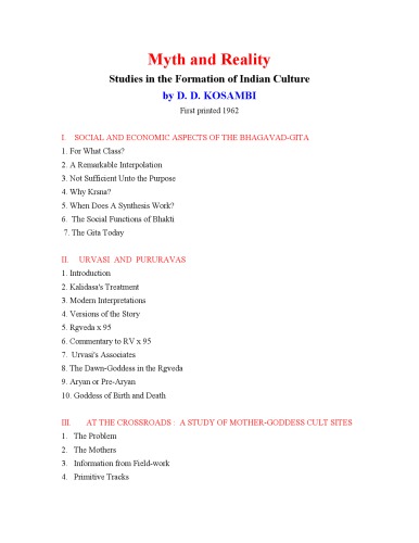 Myth And Reality Studies In The Formation Of Indian Culture D D Kosambi