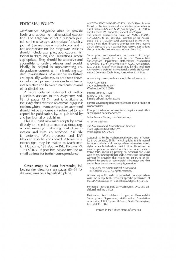 Mathematics Magazine 83 2 Walter Stromquist Editor In Chief