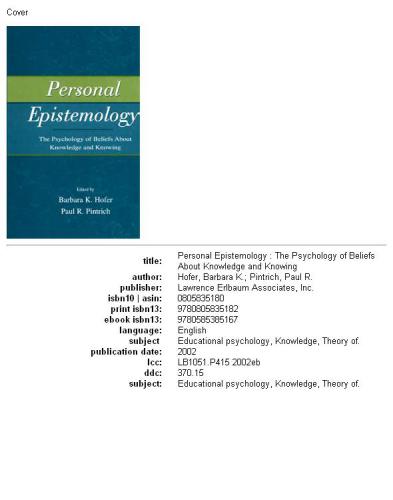 Personal Epistemology The Psychology Of Beliefs About Knowledge And Knowing Barbara K Hofer