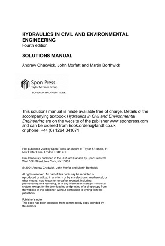 Solution Manual To Hydraulics In Civil And Environmental Engineering 4th Edition A Chadwick