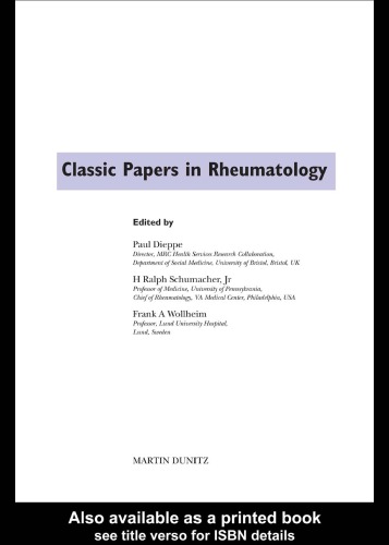 Classic Papers In Rheumatology Paul Dieppe Frank A Wollheim