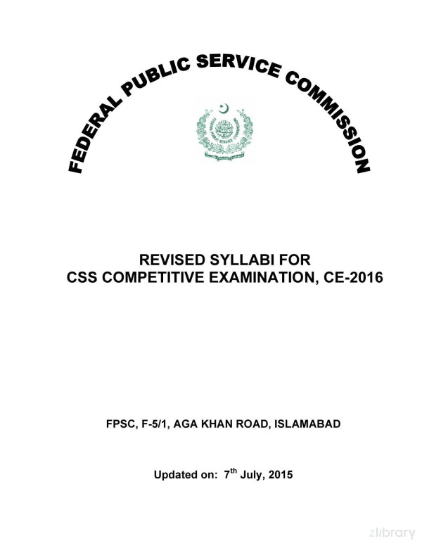 Revised Sylabbi For Css Competitive Examination Ce2016 Federal Public Service Commission