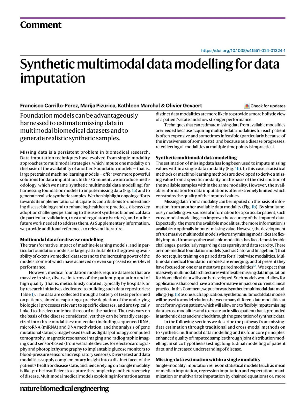 Synthetic Multimodal Data Modelling For Data Imputation Francisco Carrilloperez Marija Pizurica Kathleen Marchal Olivier Gevaert