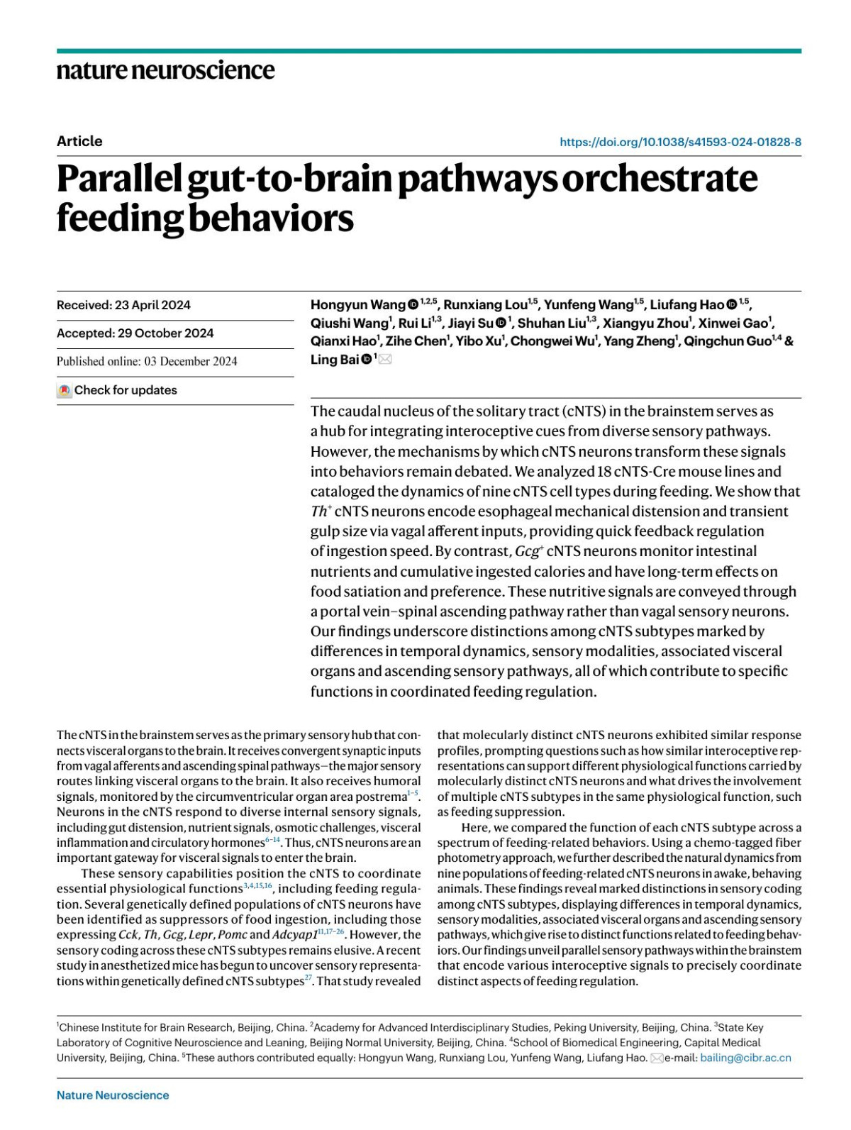 Parallel Guttobrain Pathways Orchestrate Feeding Behaviors Hongyun Wang Runxiang Lou Yunfeng Wang Liufang Hao Qiushi Wang Rui Li Jiayi Su Shuhan Liu Xiangyu Zhou Xinwei Gao Qianxi Hao Zihe Chen Yibo Xu Chongwei Wu Yang Zheng Qingchun Guo Ling Bai