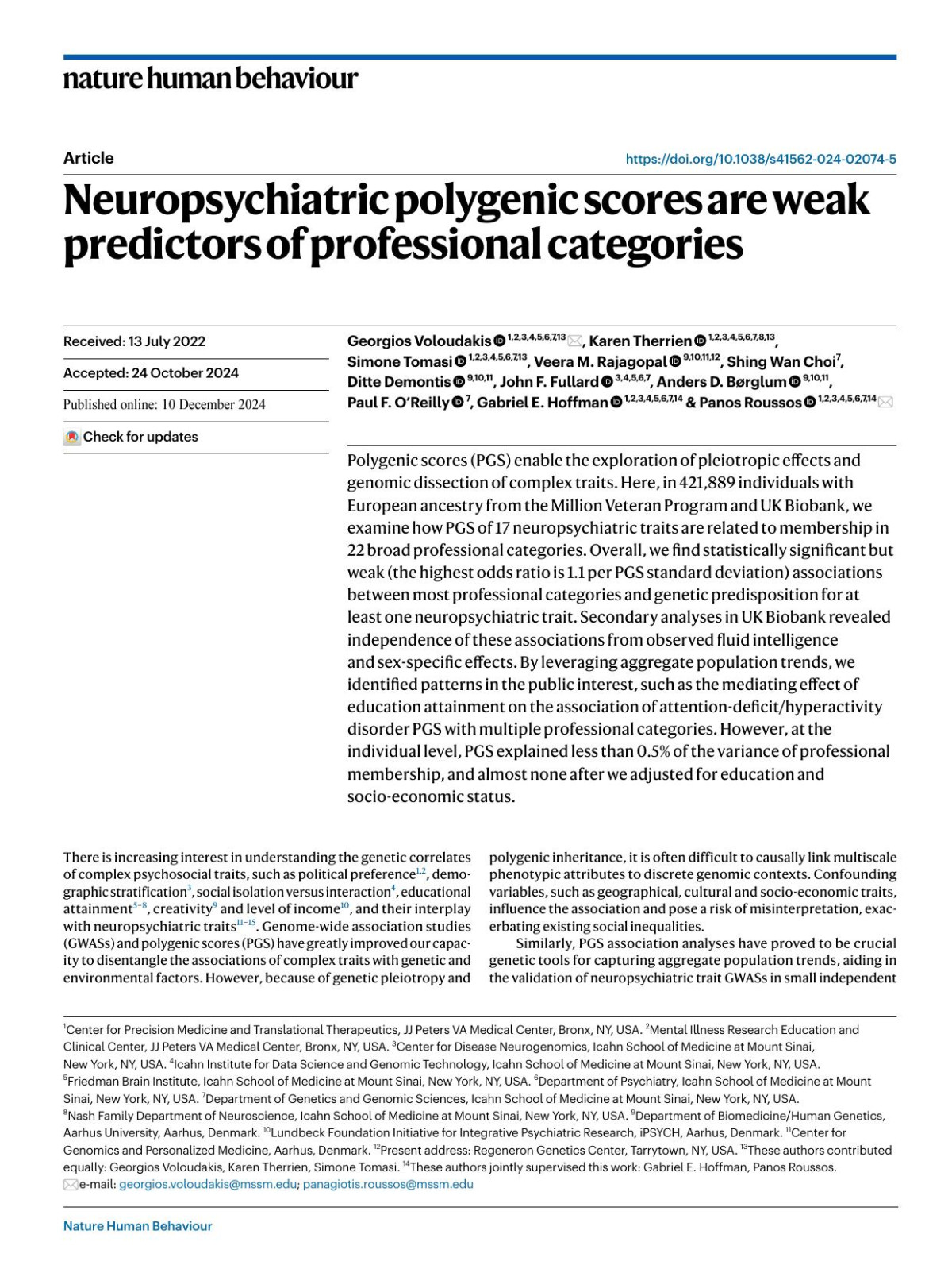 Neuropsychiatric Polygenic Scores Are Weak Predictors Of Professional Categories Georgios Voloudakis Karen Therrien Simone Tomasi Veera M Rajagopal Shing Wan Choi Ditte Demontis John F Fullard Anders D Bampx000f8rglum Paul F Oampx02019reilly Gabriel E Hoffman Panos Roussos