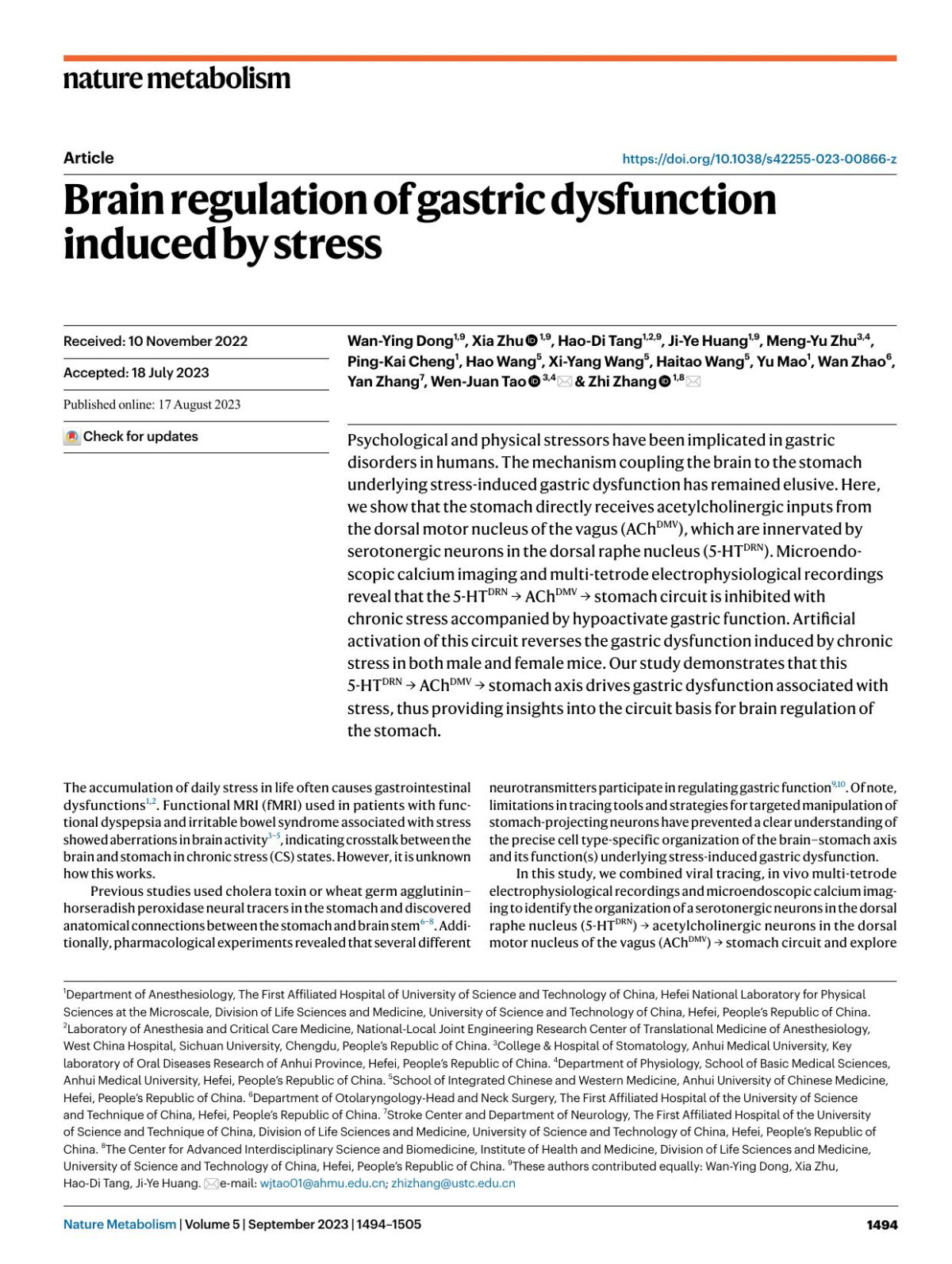 Brain Regulation Of Gastric Dysfunction Induced By Stress Wanying Dong Xia Zhu Haodi Tang Jiye Huang Mengyu Zhu Pingkai Cheng Hao Wang Xiyang Wang Haitao Wang Yu Mao Wan Zhao Yan Zhang Wenjuan Tao Zhi Zhang