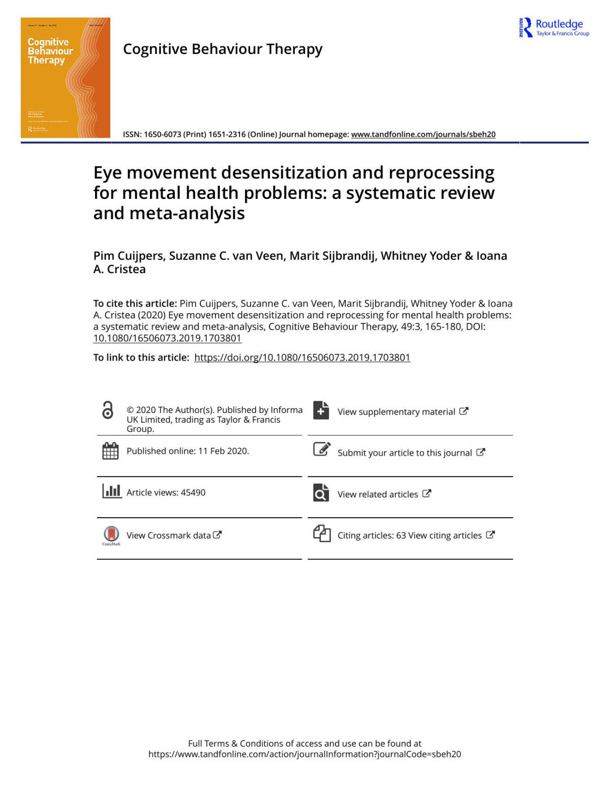 Eye Movement Desensitization And Reprocessing For Mental Health Problems A Systematic Review And Metaanalysis Pim Cuijpers Suzanne C Van Veen Marit Sijbrandij Whitney Yoder Ioana A Cristea