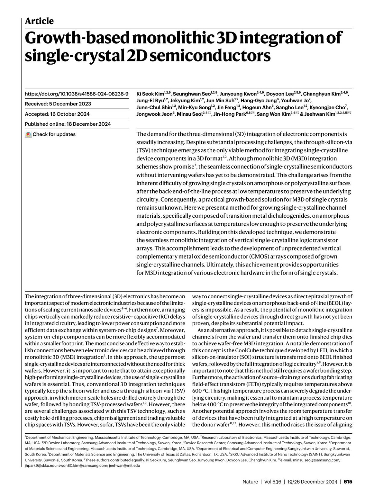 Growthbased Monolithic 3d Integration Of Singlecrystal 2d Semiconductors Ki Seok Kim1