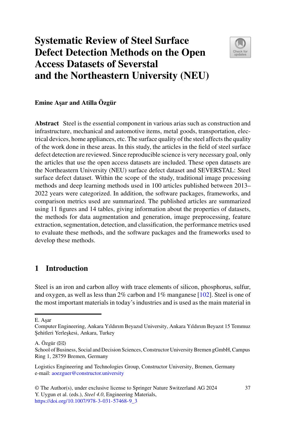 Systematic Review Of Steel Surface Defect Detection Methods On The Open Access Datasets Of Severstal And The Northeastern University Neu Emine Aar Atilla Zgr