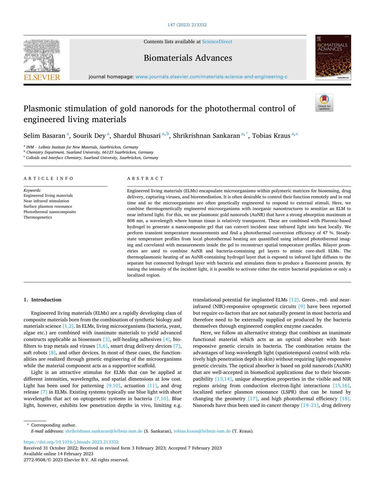 Plasmonic Stimulation Of Gold Nanorods For The Photothermal Control Of Engineered Living Materials Selim Basaran