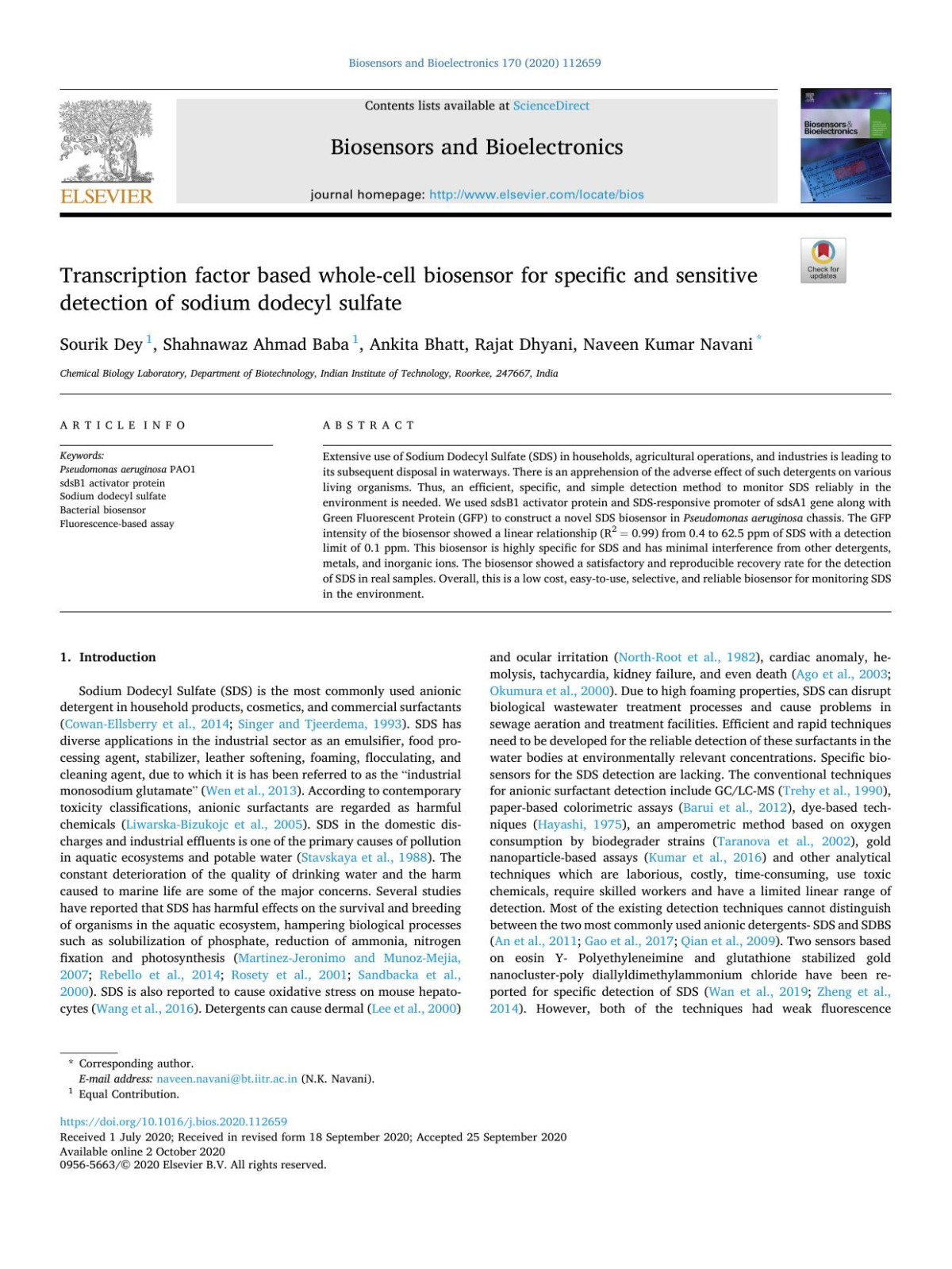 Transcription Factor Based Wholecell Biosensor For Specific And Sensitive Detection Of Sodium Dodecyl Sulfate Sourik Dey