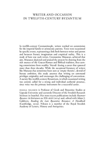 Writer And Occasion In Twelfthcentury Byzantium Ingela Nilsson