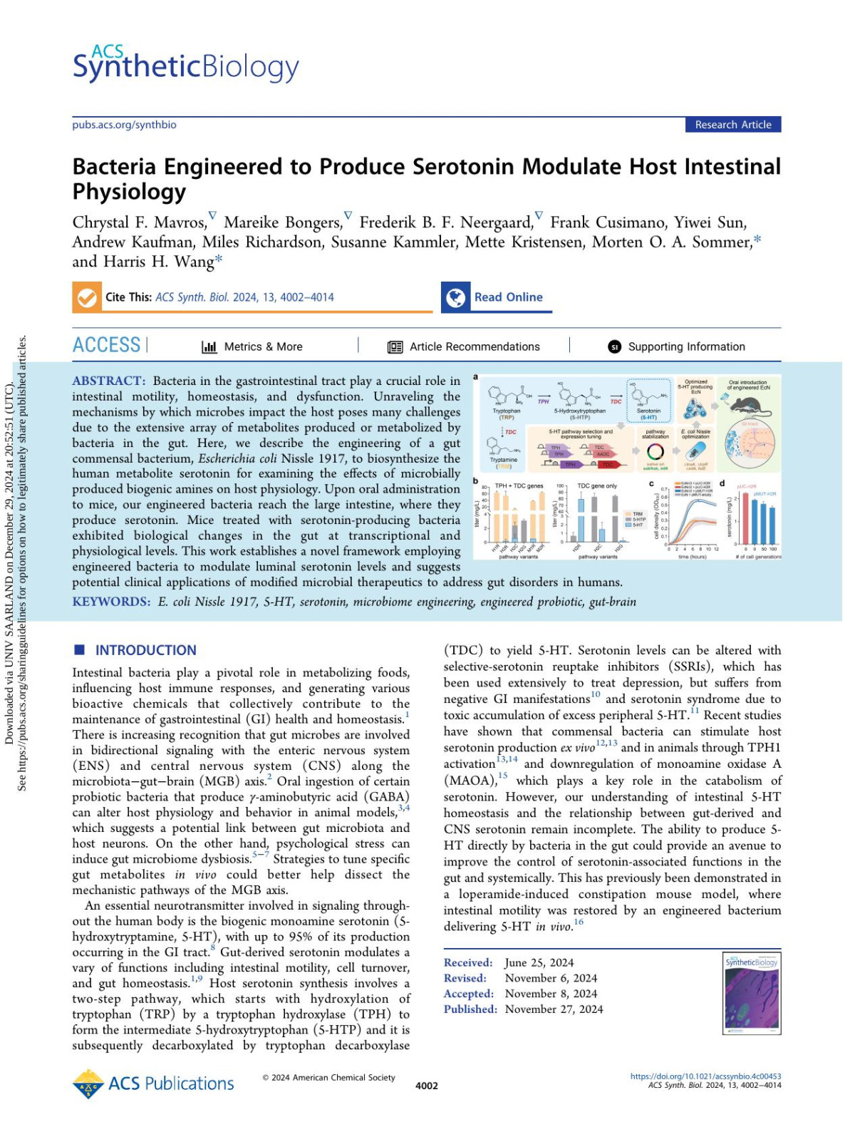 Bacteria Engineered To Produce Serotonin Modulate Host Intestinal Physiology Chrystal F Mavros