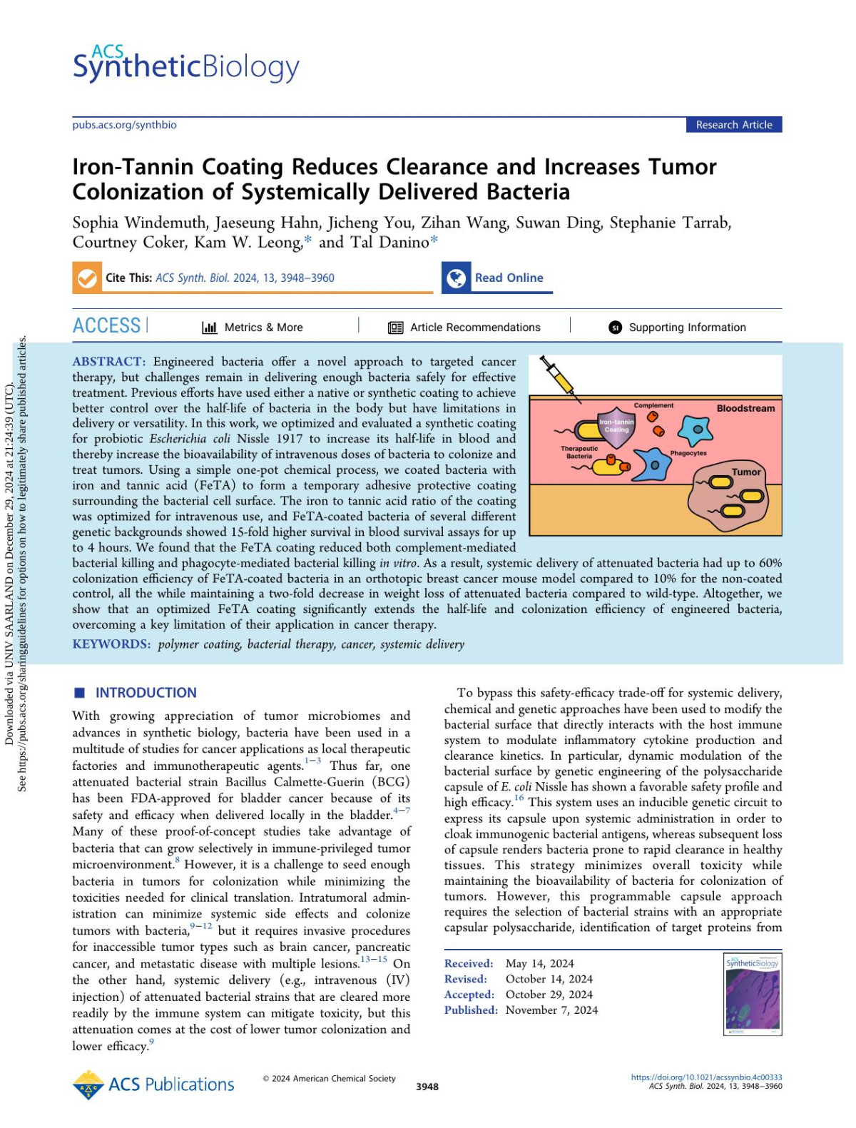 Irontannin Coating Reduces Clearance And Increases Tumor Colonization Of Systemically Delivered Bacteria Sophia Windemuth