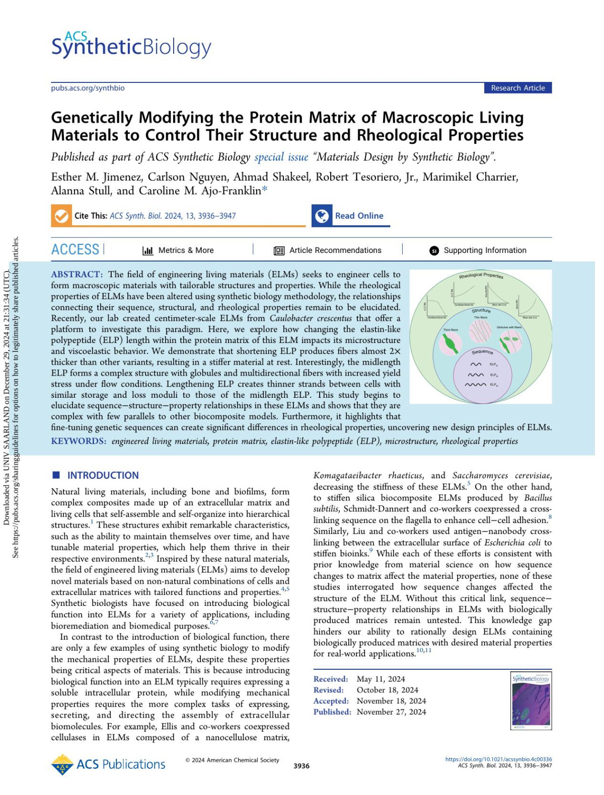 Genetically Modifying The Protein Matrix Of Macroscopic Living Materials To Control Their Structure And Rheological Properties Esther M Jimenez