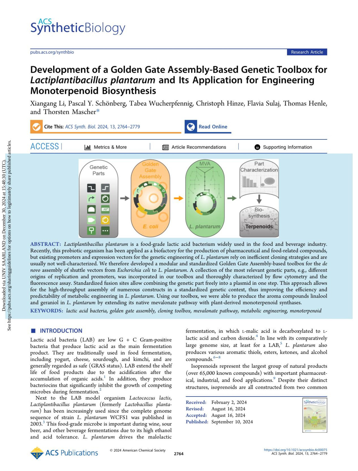 Development Of A Golden Gate Assemblybased Genetic Toolbox For Lactiplantibacillus Plantarum And Its Application For Engineering Monoterpenoid Biosynthesis Xiangang Li