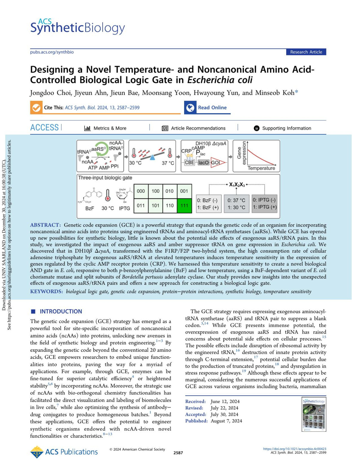 Designing A Novel Temperature And Noncanonical Amino Acidcontrolled Biological Logic Gate In Escherichia Coli Jongdoo Choi
