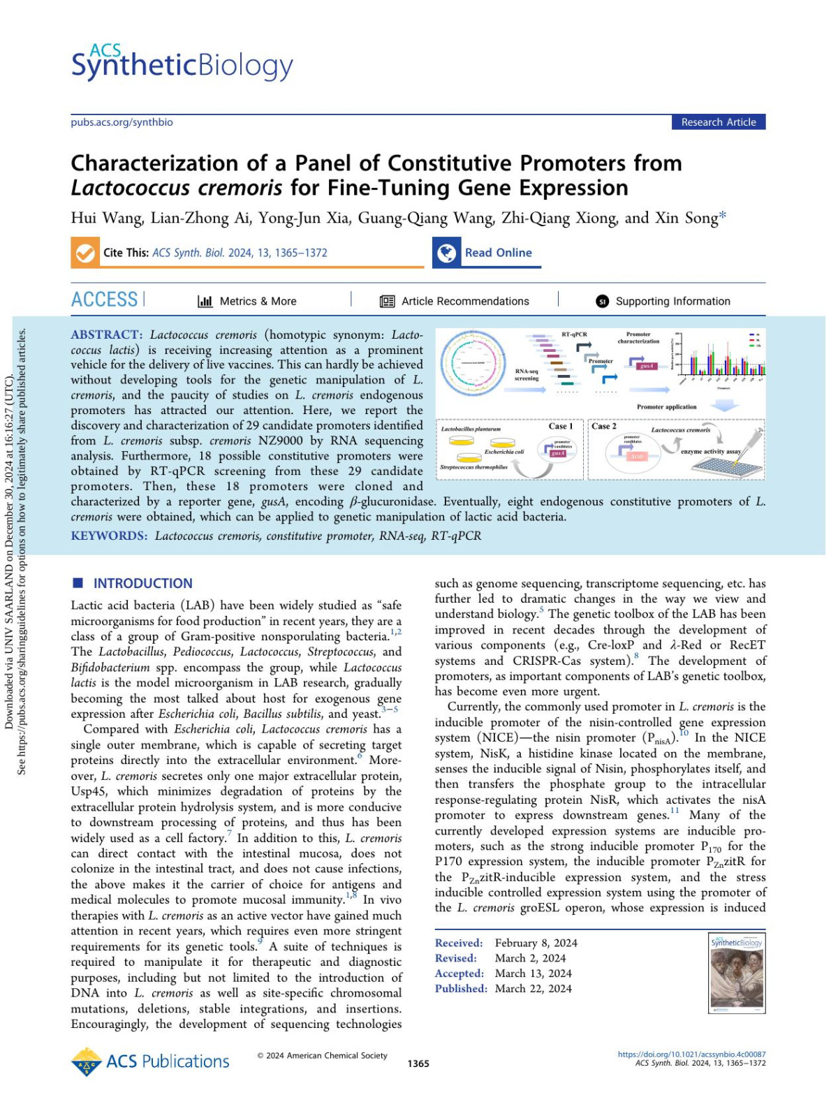 Characterization Of A Panel Of Constitutive Promoters From Lactococcus Cremoris For Finetuning Gene Expression Hui Wang