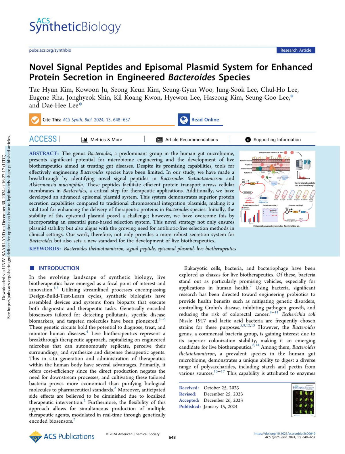 Novel Signal Peptides And Episomal Plasmid System For Enhanced Protein Secretion In Engineered Bacteroides Species Tae Hyun Kim