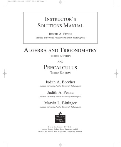 Instructors Solutions Manual For Algebra Trigonometry 3e And Precalculus 3e 3rd Edition Judith A Beecher