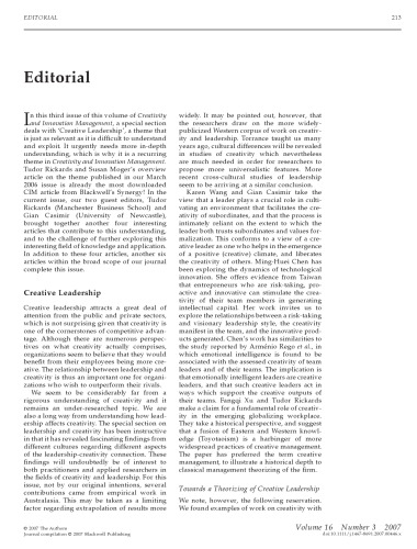 Creativity And Innovation Management Journal September 2007 16 3 Petra De Weerdnederhof And Olaf Fisscher Editors