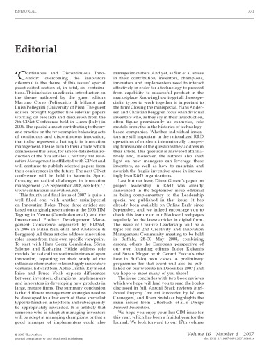 Creativity And Innovation Management Journal December 2007 16 4 Petra De Weerdnederhof And Olaf Fisscher Editors