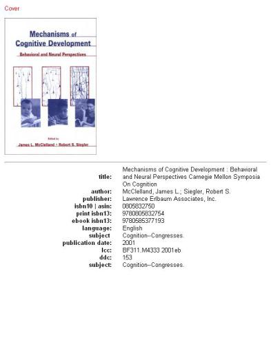 Mechanisms Of Cognitive Development Behavioral And Neural Perspectives 1st Edition James L Mcclelland