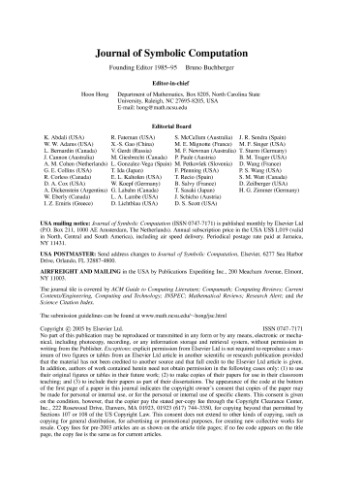 Journal Of Symbolic Computation Volume 41 Issues 112 41 112 Hoon Hong Editor