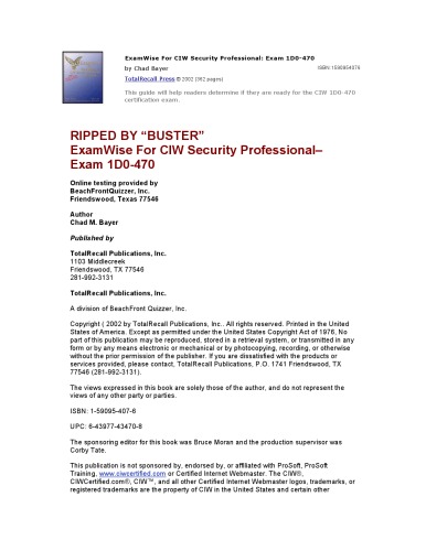 Examwise For Exam 1d0470 Ciw Security Professional Certification With Online Exam Examwise S Chad Bayer
