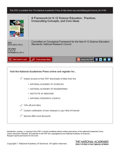 A Framework For K12 Science Education Practices Crosscutting Concepts And Core Ideas Committee On Conceptual Framework For The New K12 Science Education Standards