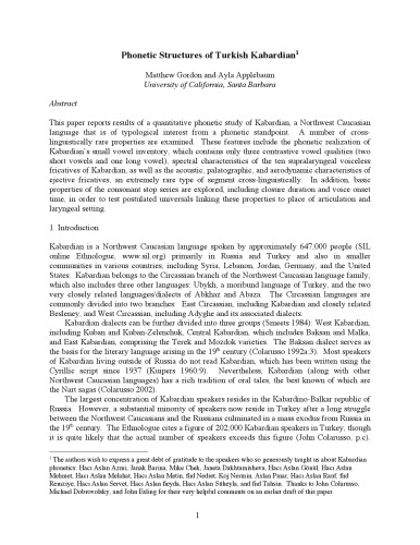 Phonetic Structures Of Turkish Kabardian Matthew Gordon Ayla Applebaum