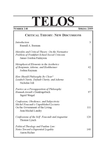Telos A Quarterly Journal Of Critical Thought No 146 Spring 2009 Critical Theory New Discussions Issue 146 Russell A Berman Ed