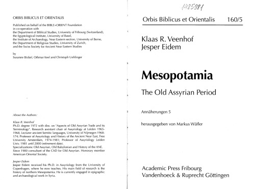 Mesopotamia The Old Assyrian Period Orbis Biblicus Et Orientalis160 5 K R Veenhof
