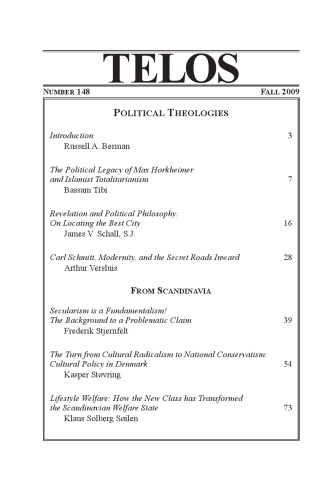 Telos A Quarterly Journal Of Radical Thought No 148 Fall 2009 Political Theologies Russell A Berman Ed
