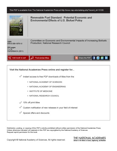 Renewable Fuel Standard Potential Economic And Environmental Effects Of Us Biofuel Policy National Research Counciil