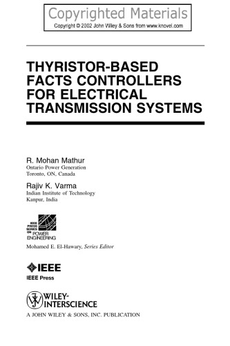 Thyristorbased Facts Controllers For Electrical Transmission Systems R Mohan Mathur And Rajiv K Varma