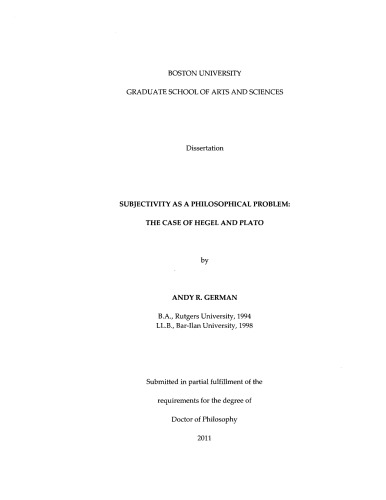 Subjectivity As A Philosophical Problem The Case Of Hegel And Plato Andy R German