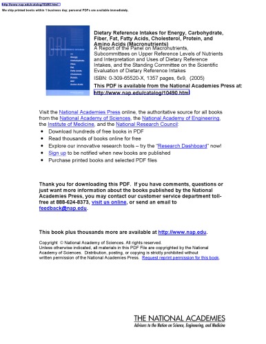 Dietary Reference Intakes Dri For Energy Carbohydrate Fiber Fat Fatty Acids Cholesterol Protein And Amino Acids Institute Of Medicine Of The National Academies
