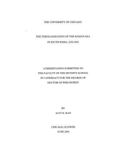 The Theologization Of The Ramayana In South India 12501600 Ajay K Rao