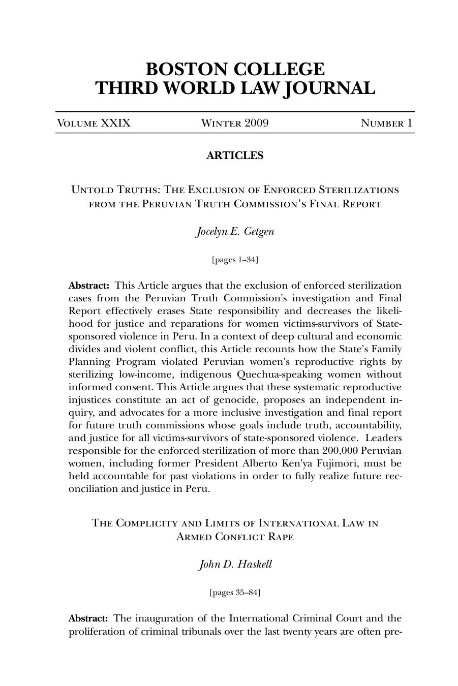 Untold Truths The Exclusion Of Enforced Sterilizations From The Peruvian Truth Commisions Final Rerport Jocelyn E Getgen